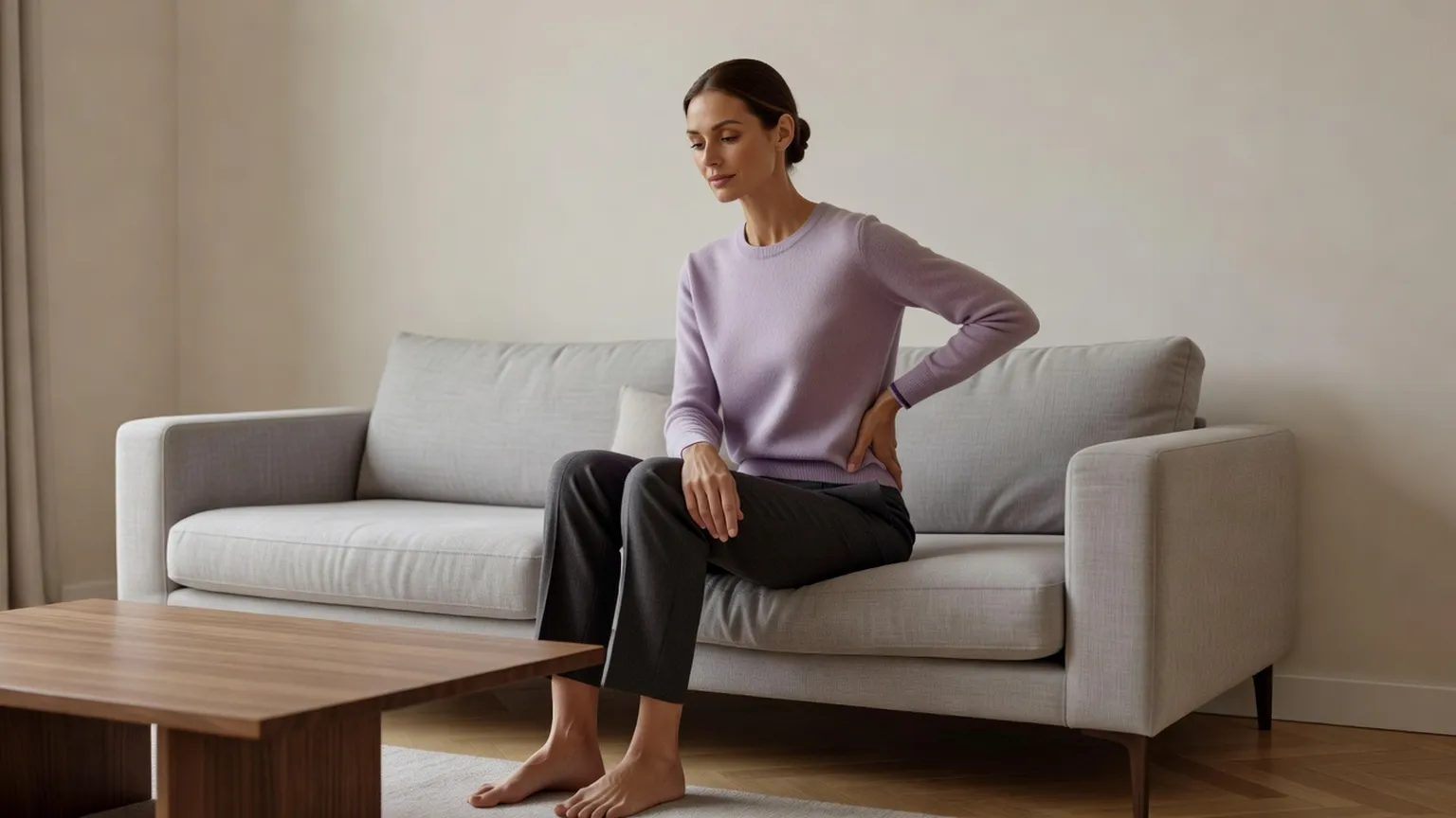 Femme adulte assise sur le bord d'un canapé, une main posée sur le bas du dos