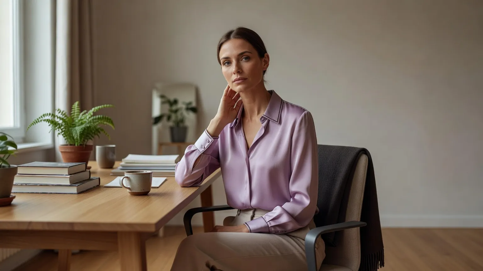 Femme adulte élégante assise à son bureau, une main posée sur l'arrière de sa nuque