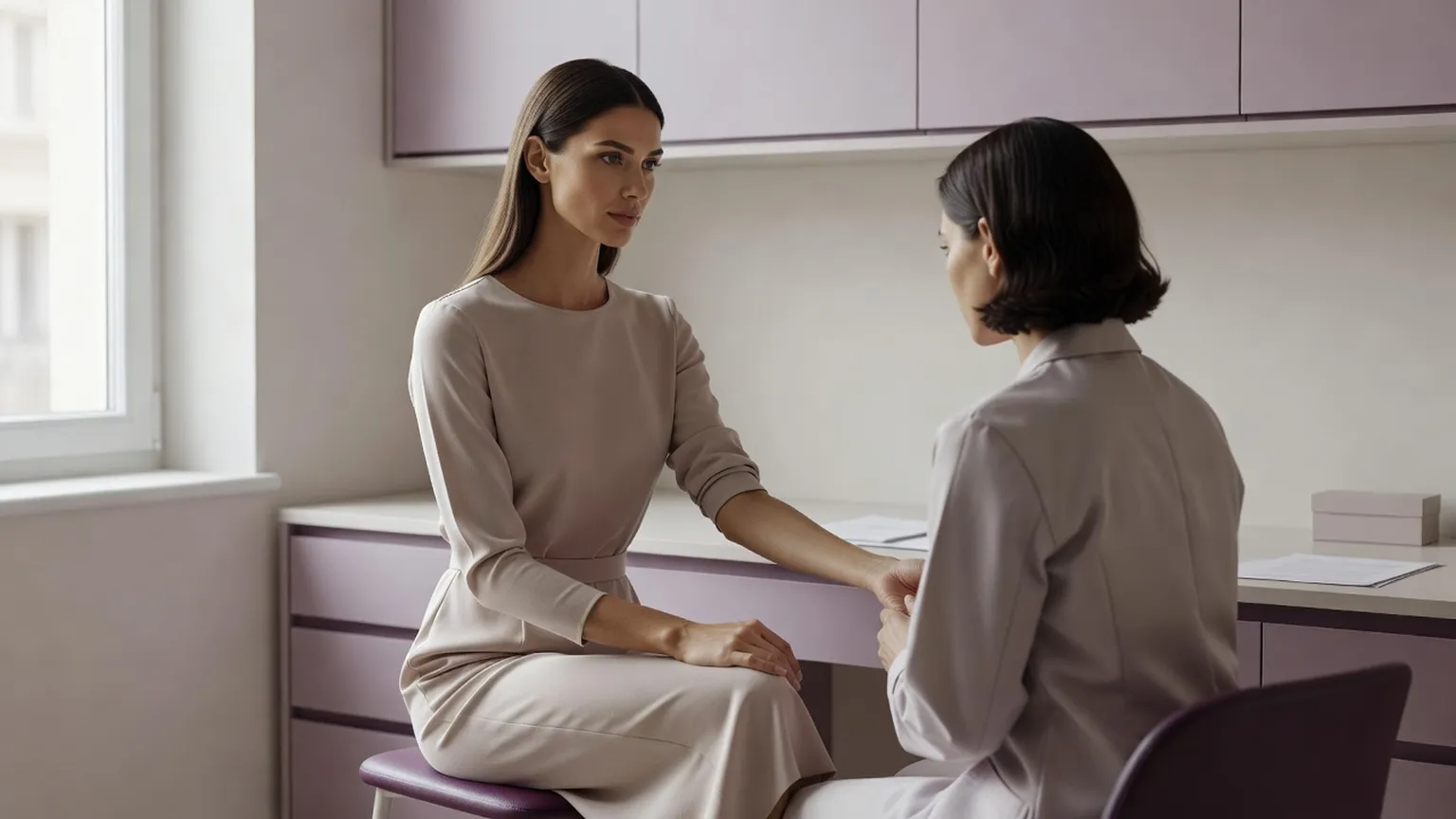 Femme adulte élégante, assise dans un cabinet lumineux, qui montre son avant-bras à une dermatologue de dos pendant la consultation