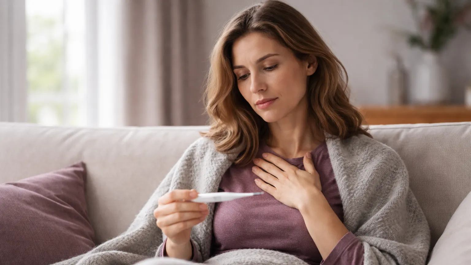 Une femme élégante, assise sur son canapé sous un plaid, la main sur la poitrine, consulte un thermomètre avec un air fatigué