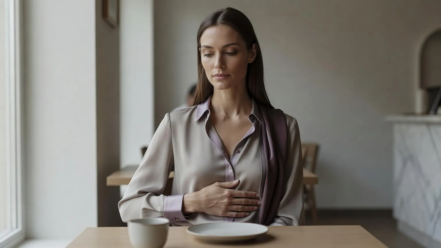 Femme assise à table, une main posée sur le haut de son ventre après un repas