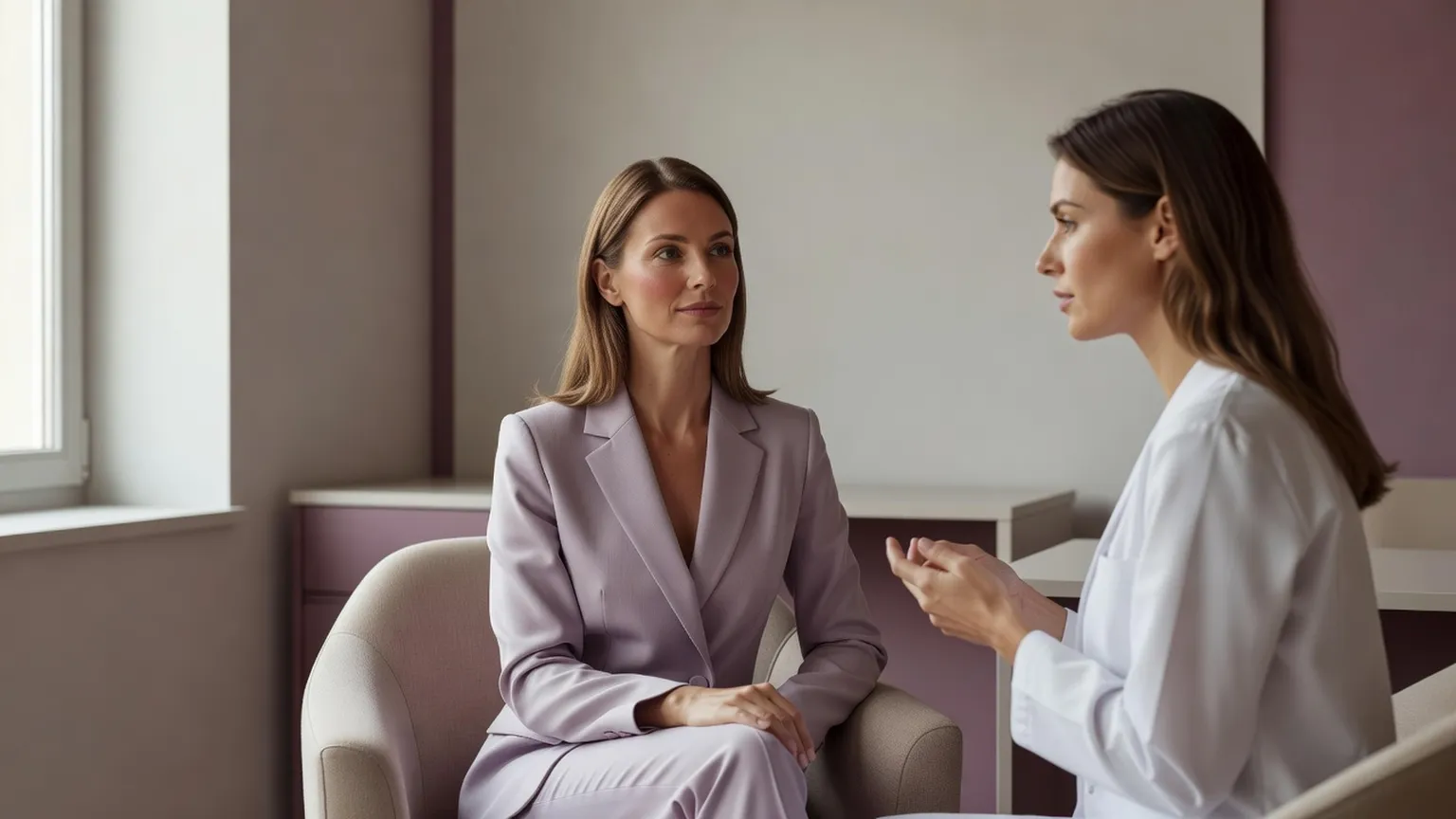 Femme adulte élégante au teint légèrement rosé, assise dans un cabinet de dermatologie lumineux, écoutant les explications d'une médecin en blouse blanche
