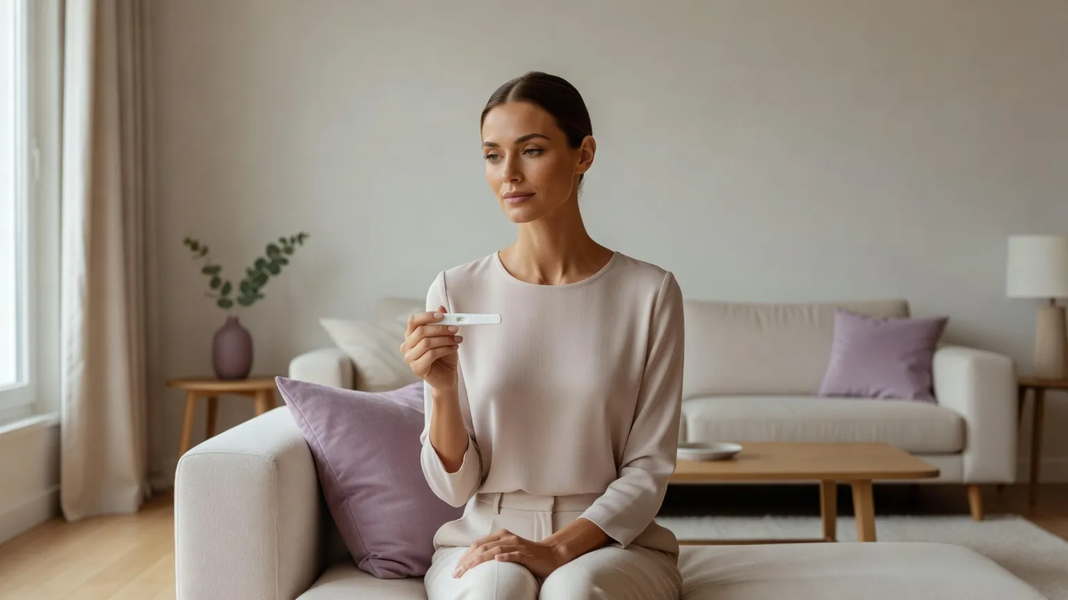 Femme adulte élégante, assise sur un canapé clair dans un salon lumineux, un test de grossesse dans la main et le regard pensif