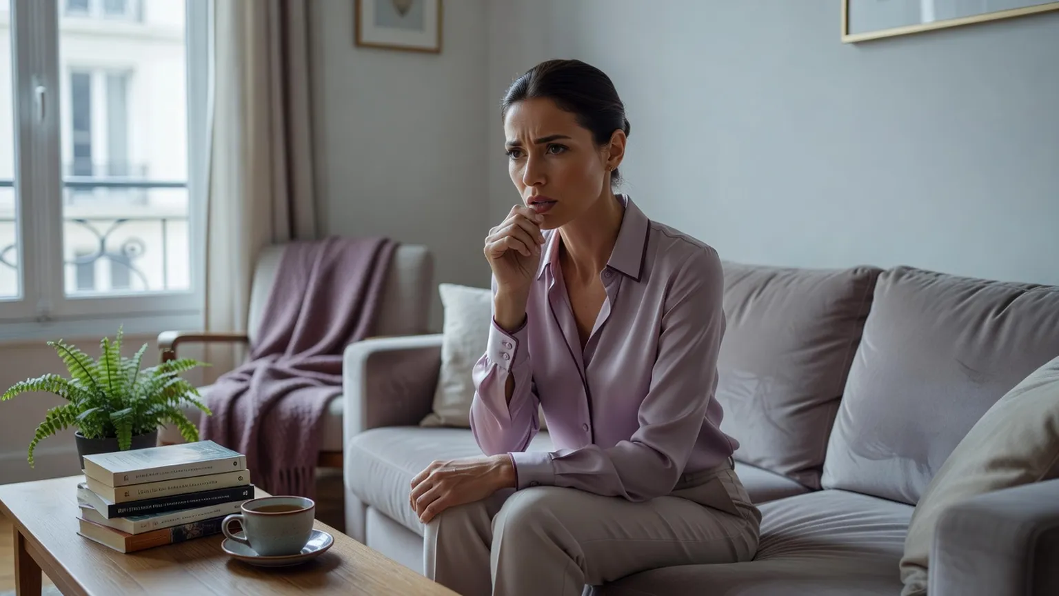 Femme adulte assise chez elle, une main près de la bouche alors qu'elle tousse