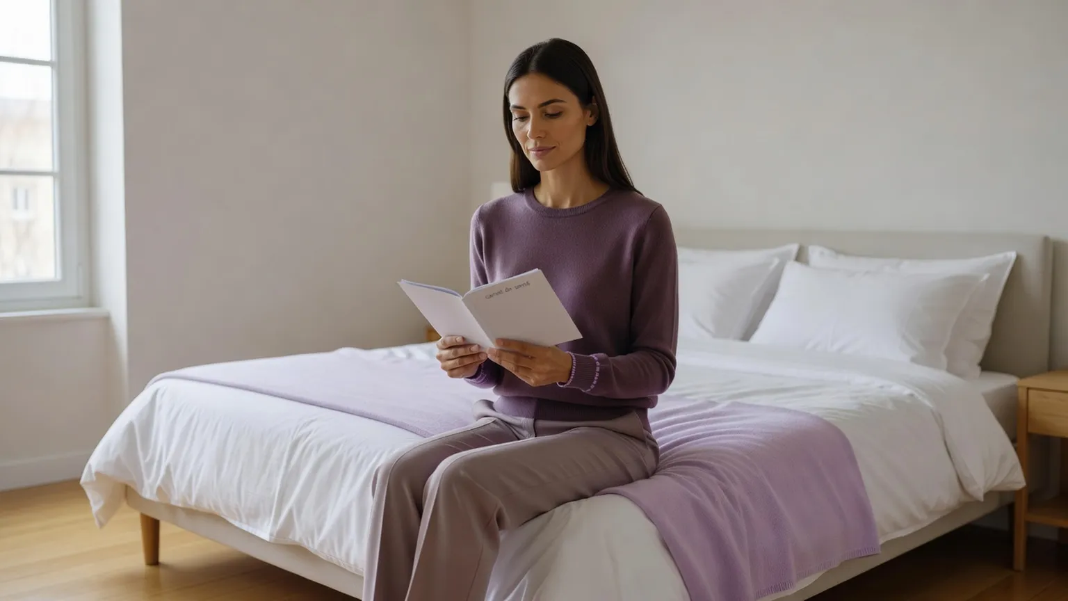 Femme assise sur le bord d'un lit, tenant un carnet de santé dans une chambre lumineuse